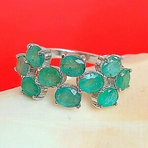 Natural Green Emerald 14K Wite‎ Gold on 925 Sterling Silver Ring Size 75